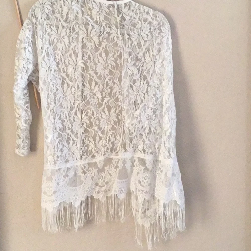 SHEER OPEN LACE WHITE ROBE with fringe detailed hem Never worn, no snags. XS/S - Picture 4 of 4